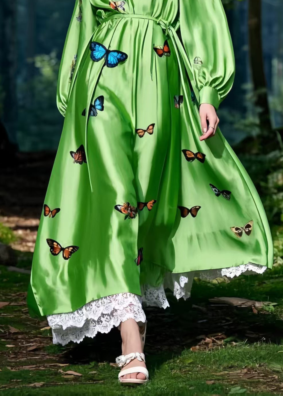 Fine Grass Green Butterfly Patchwork Lace Silk Maxi Dress Spring