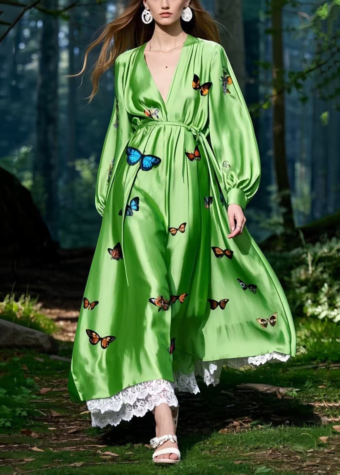 Fine Grass Green Butterfly Patchwork Lace Silk Maxi Dress Spring
