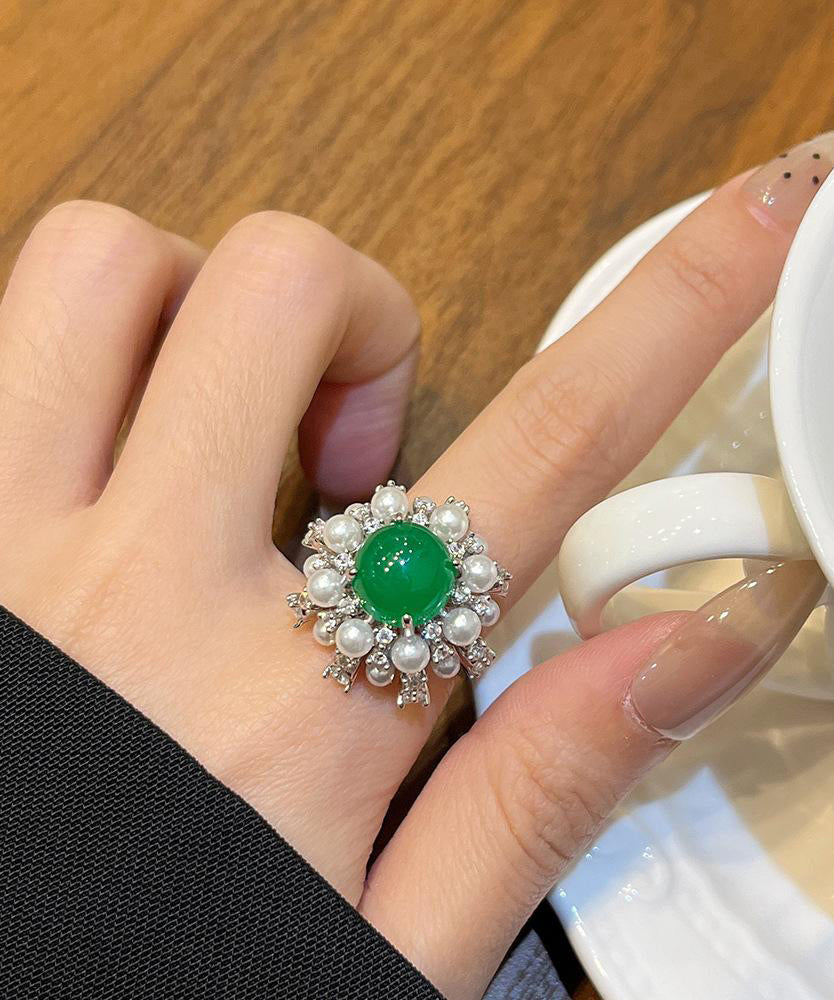 Fine Green Alloy Zircon Jade Pearl Rings