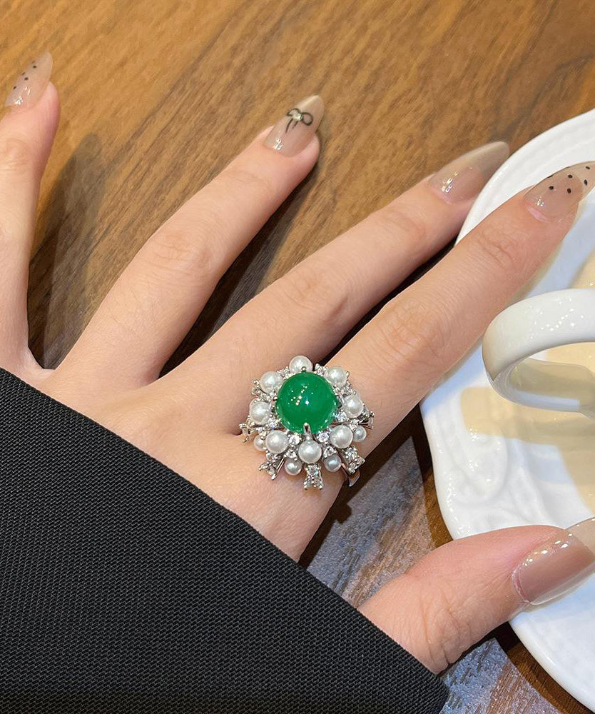 Fine Green Alloy Zircon Jade Pearl Rings
