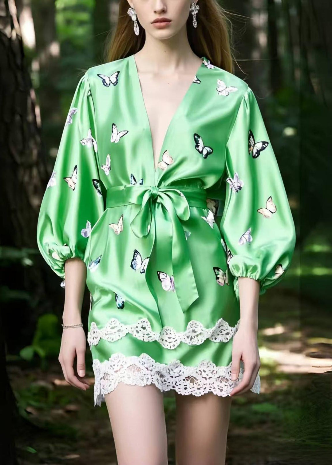 Fine Green Butterfly Patchwork Lace Silk Tea Dresses Bracelet Sleeve