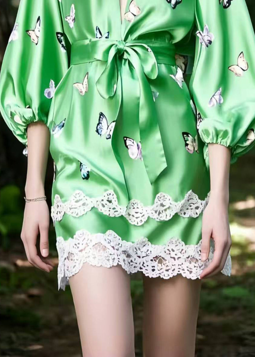 Fine Green Butterfly Patchwork Lace Silk Tea Dresses Bracelet Sleeve