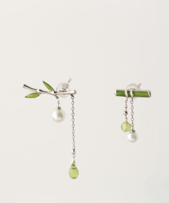 Fine Green Sterling Silver Inlaid Bamboo Leaf Pearl Water Drop Tassel Drop Earrings