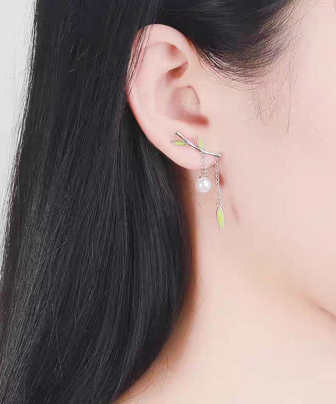 Fine Green Sterling Silver Inlaid Bamboo Leaf Pearl Water Drop Tassel Drop Earrings