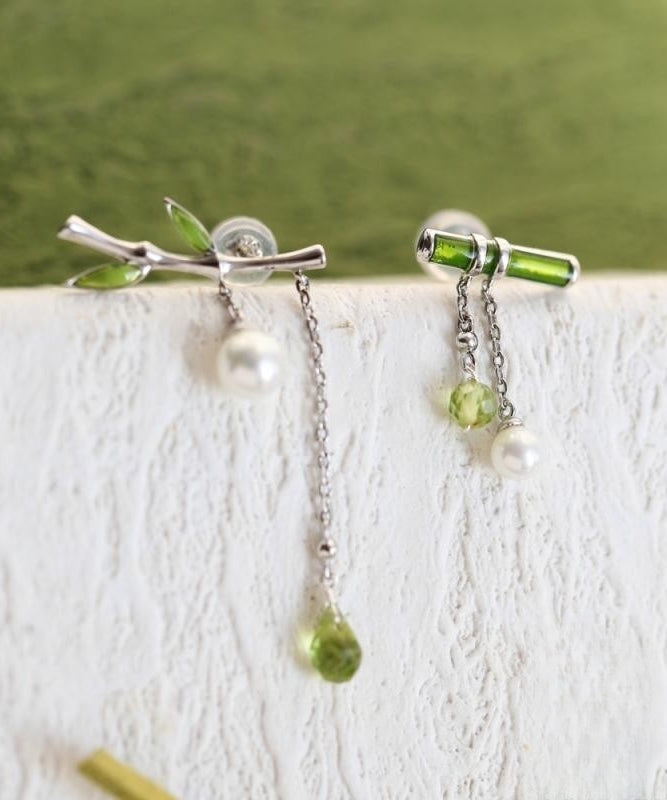 Fine Green Sterling Silver Inlaid Bamboo Leaf Pearl Water Drop Tassel Drop Earrings