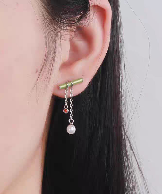 Fine Green Sterling Silver Inlaid Bamboo Leaf Pearl Water Drop Tassel Drop Earrings