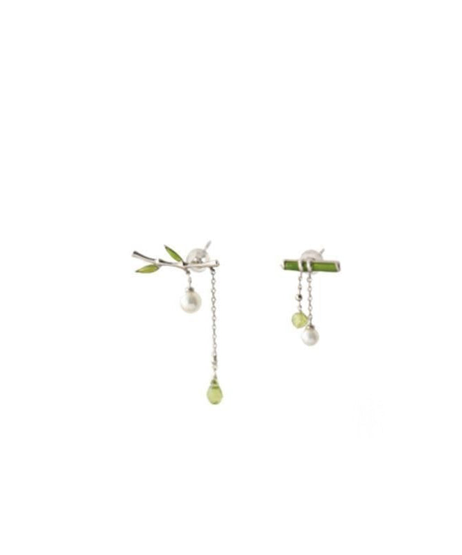Fine Green Sterling Silver Inlaid Bamboo Leaf Pearl Water Drop Tassel Drop Earrings