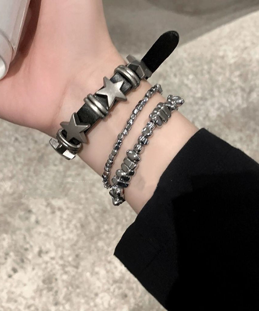 Fine Grey Alloy PU Chain Star Bracelet Three-Piece Set