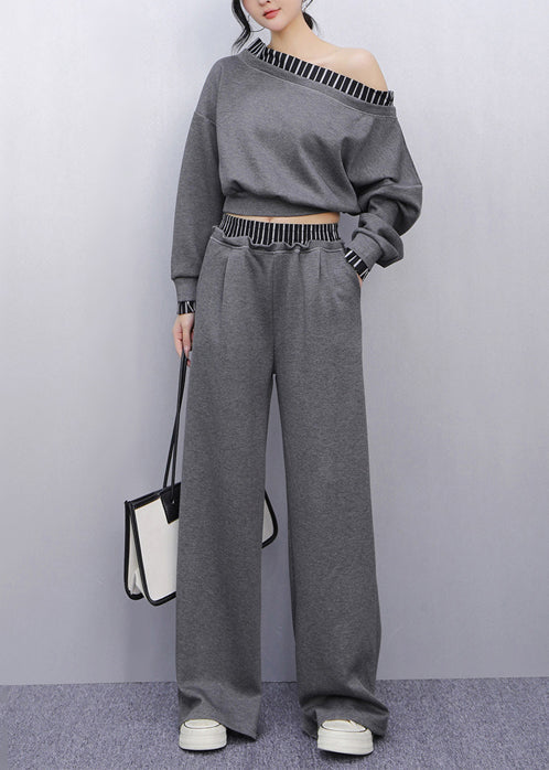 Fine Grey Cold Shoulder Patchwork Cotton Two-Piece Set Summer