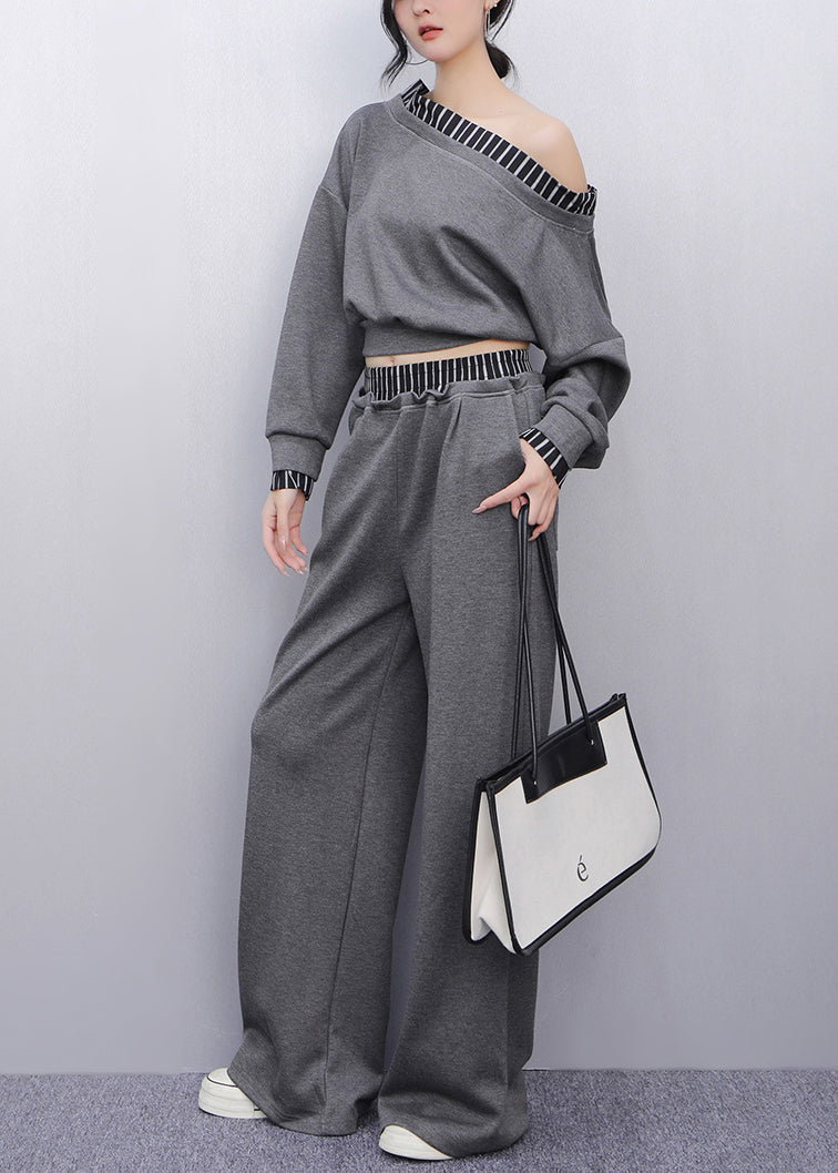 Fine Grey Cold Shoulder Patchwork Cotton Two-Piece Set Summer