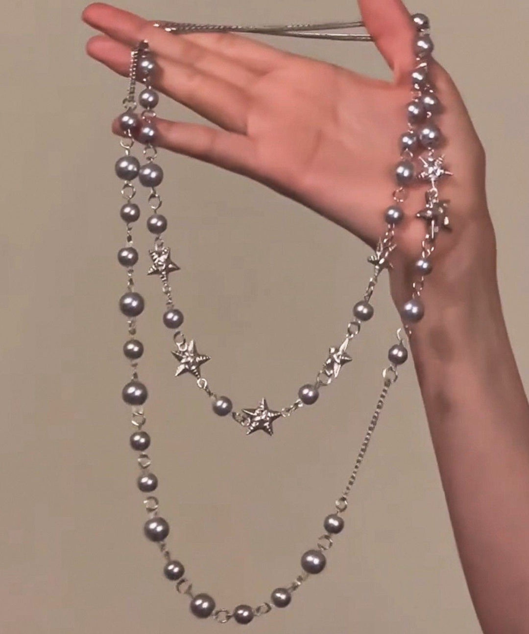 Fine Grey Stainless Steel Pearl Five Pointed Star Gratuated Bead Necklace