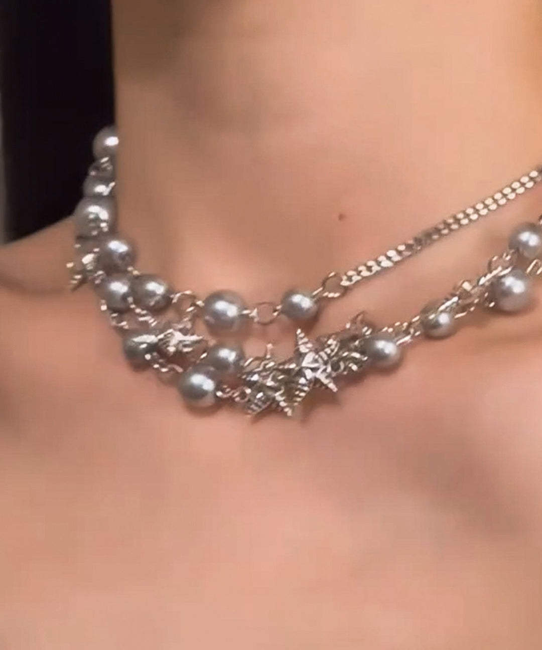 Fine Grey Stainless Steel Pearl Five Pointed Star Gratuated Bead Necklace