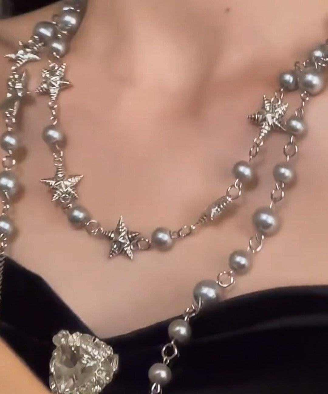 Fine Grey Stainless Steel Pearl Five Pointed Star Gratuated Bead Necklace