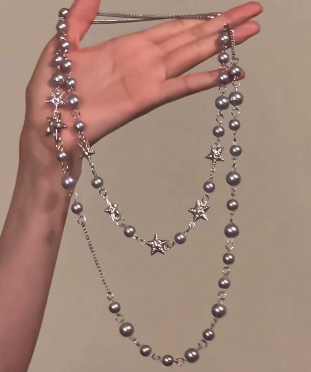 Fine Grey Stainless Steel Pearl Five Pointed Star Gratuated Bead Necklace