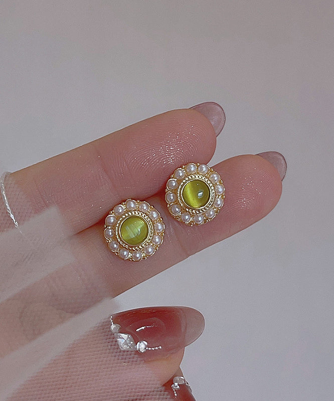Fine Light Green Copper Alloy Zircon Pearl Stud Earrings