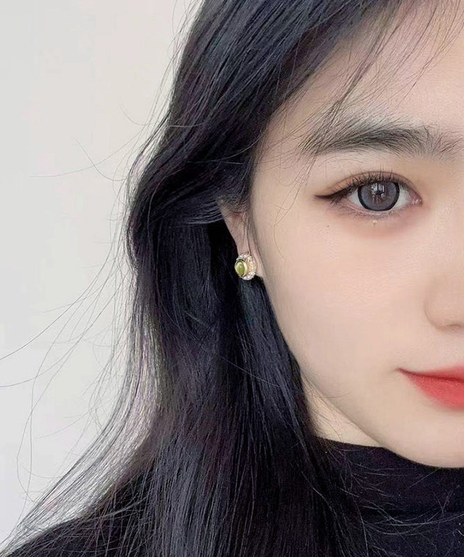 Fine Light Green Copper Alloy Zircon Pearl Stud Earrings