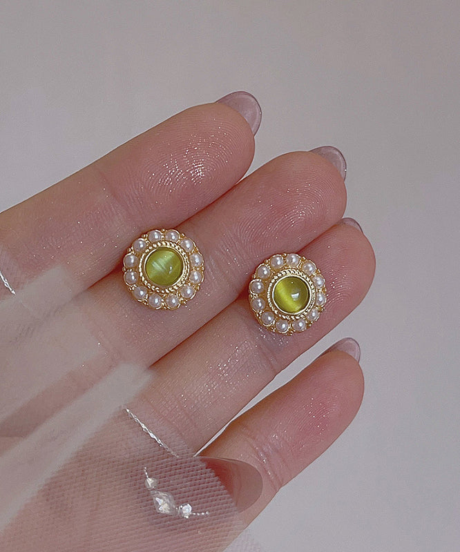 Fine Light Green Copper Alloy Zircon Pearl Stud Earrings