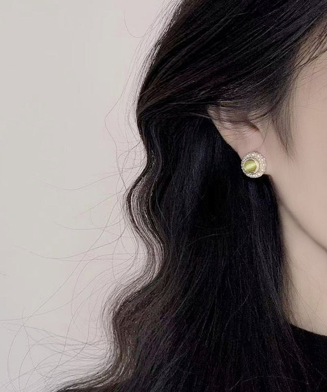 Fine Light Green Copper Alloy Zircon Pearl Stud Earrings