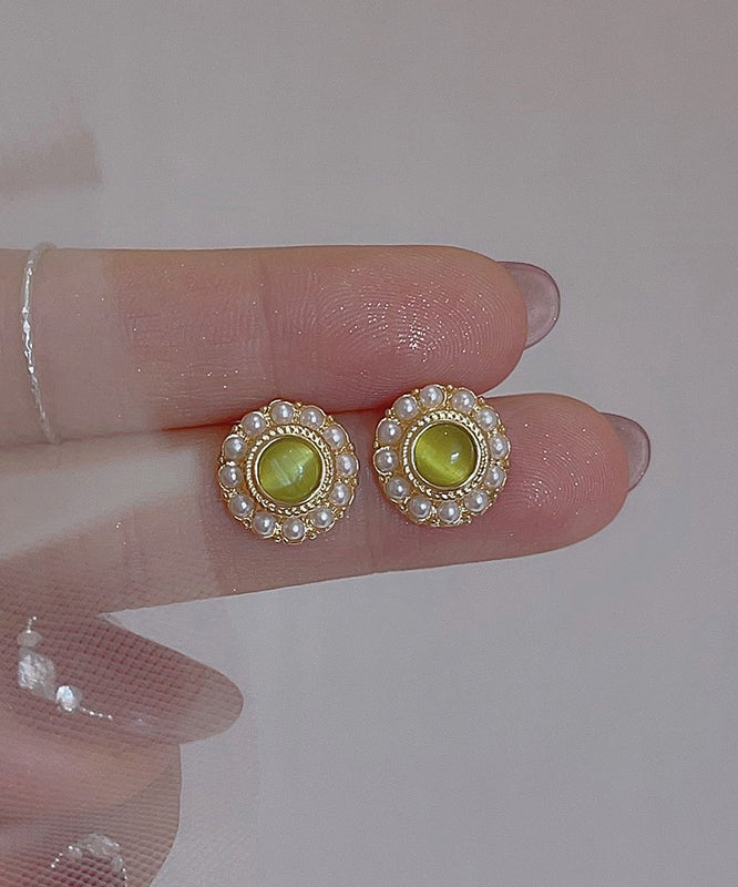 Fine Light Green Copper Alloy Zircon Pearl Stud Earrings
