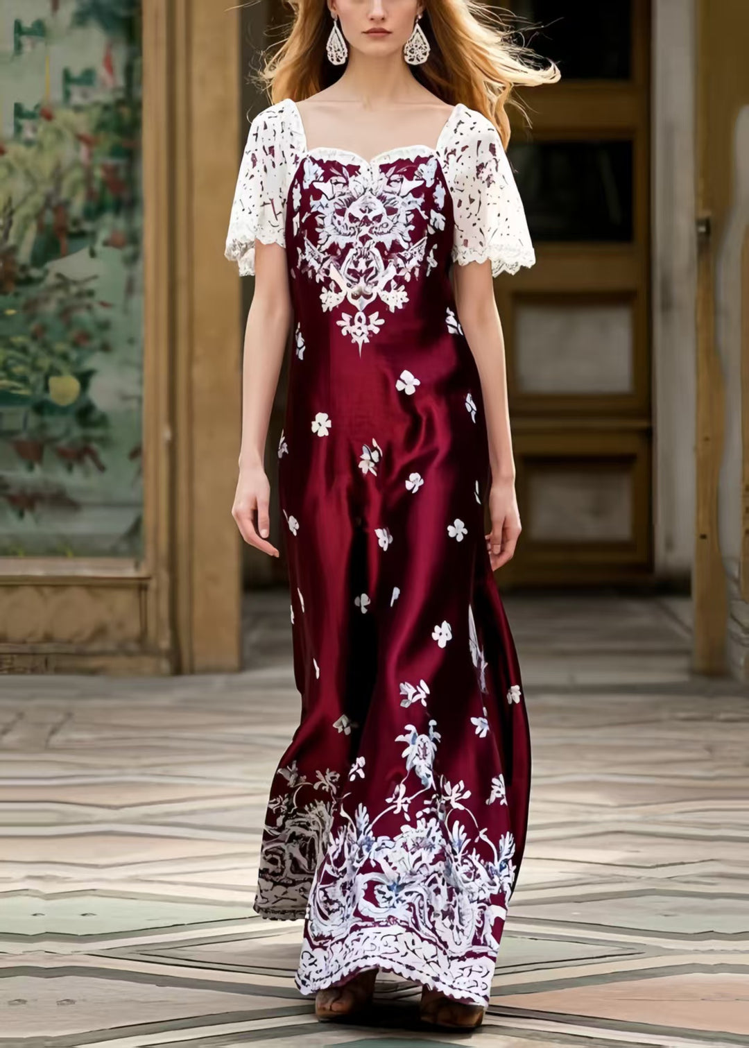 Fine Mulberry Square Collar Patchwork Print Silk Ankle Dress Summer