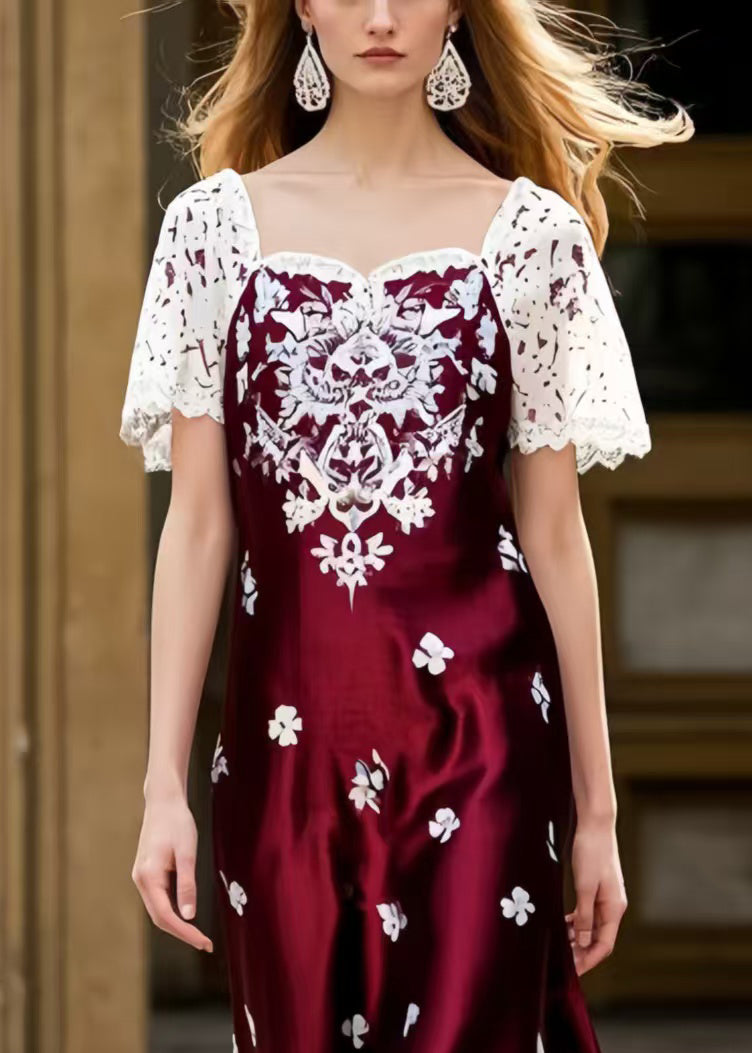 Fine Mulberry Square Collar Patchwork Print Silk Ankle Dress Summer