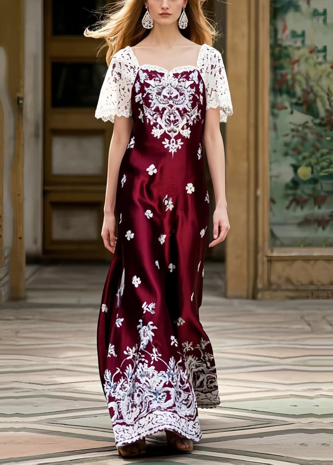 Fine Mulberry Square Collar Patchwork Print Silk Ankle Dress Summer