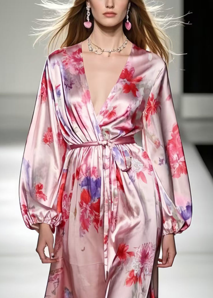 Fine Pink Tie Waist Print Silk Robe Dresses Spring