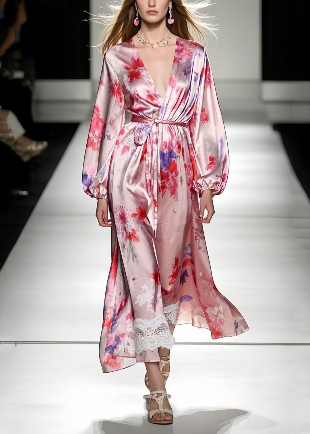 Fine Pink Tie Waist Print Silk Robe Dresses Spring