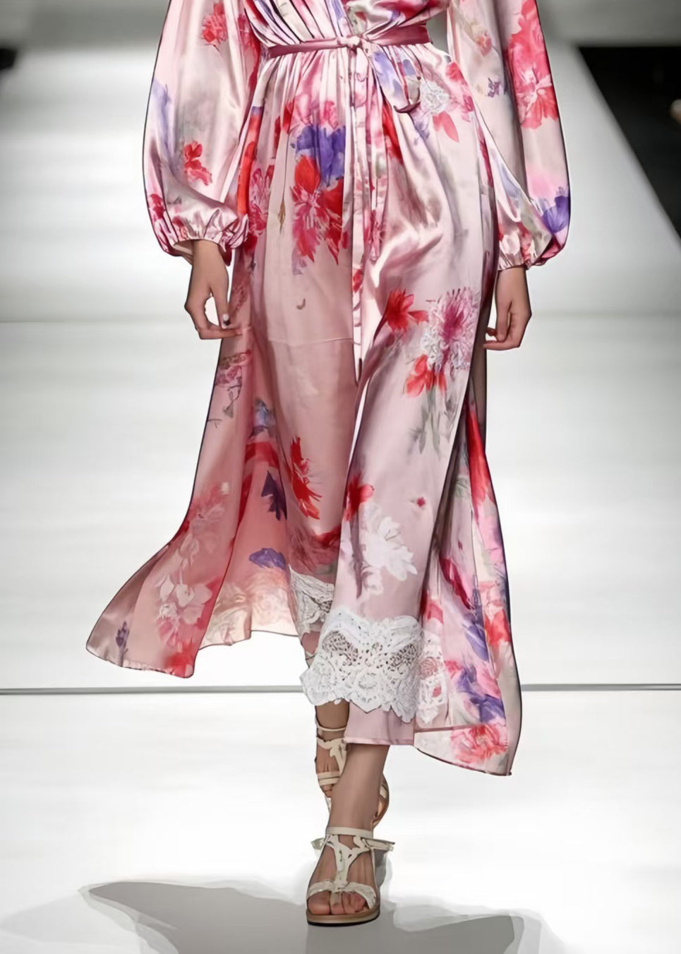 Fine Pink Tie Waist Print Silk Robe Dresses Spring