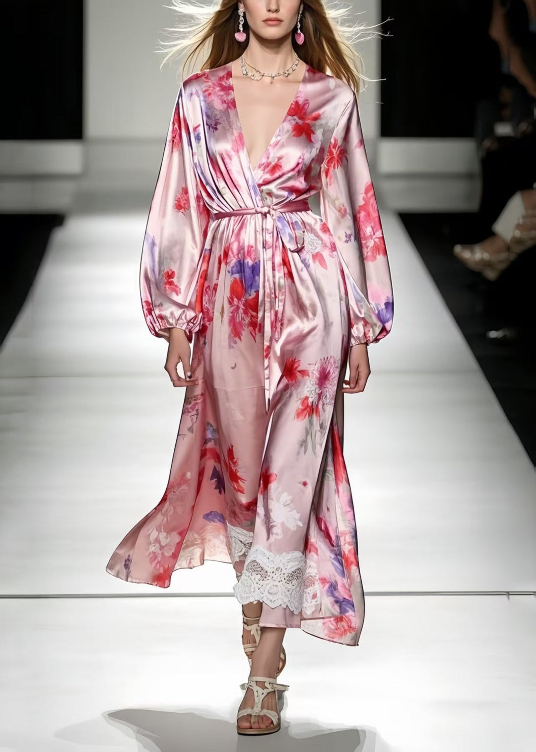 Fine Pink Tie Waist Print Silk Robe Dresses Spring