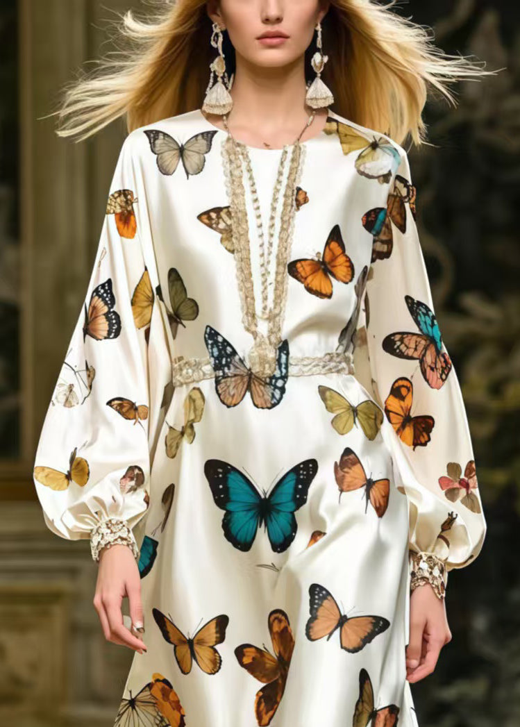 Fine Polychrome Butterfly Lace Patchwork Silk Party Dress Spring