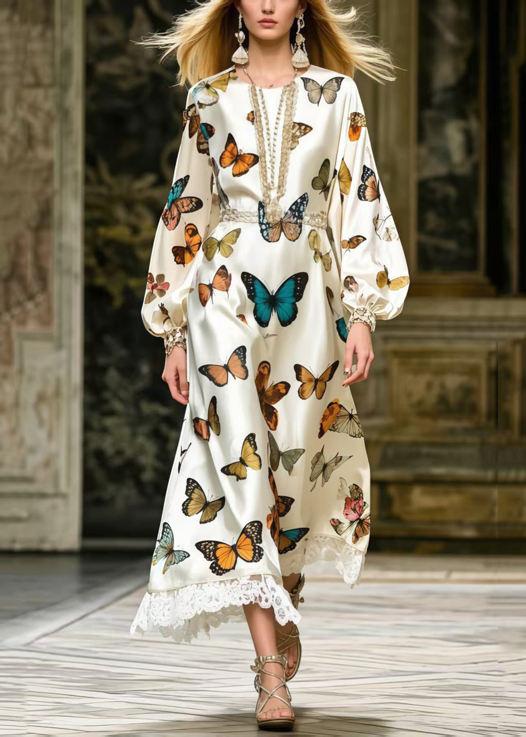 Fine Polychrome Butterfly Lace Patchwork Silk Party Dress Spring