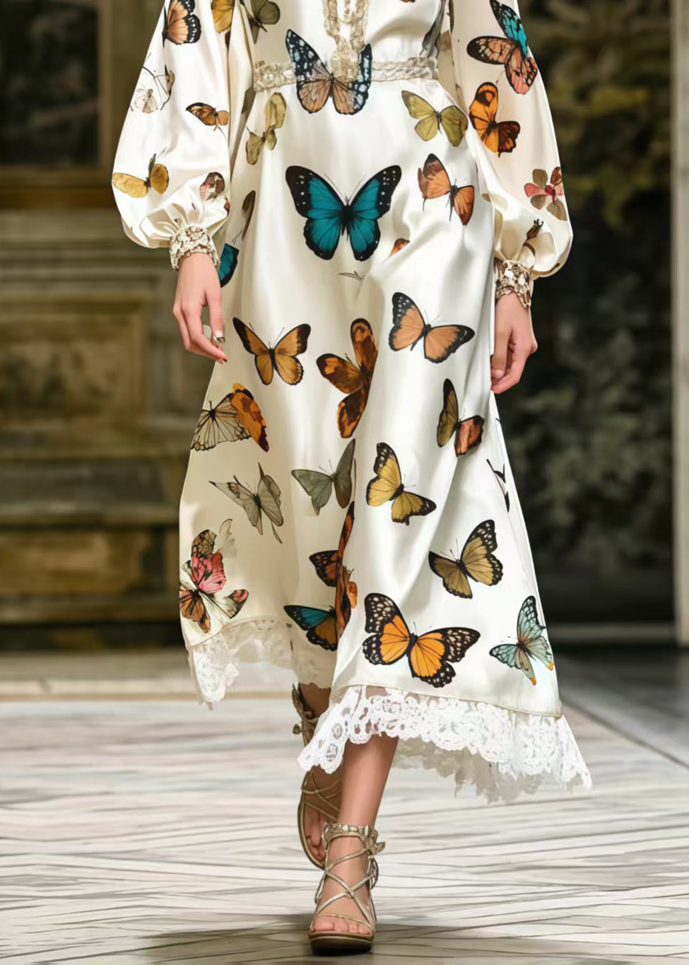 Fine Polychrome Butterfly Lace Patchwork Silk Party Dress Spring