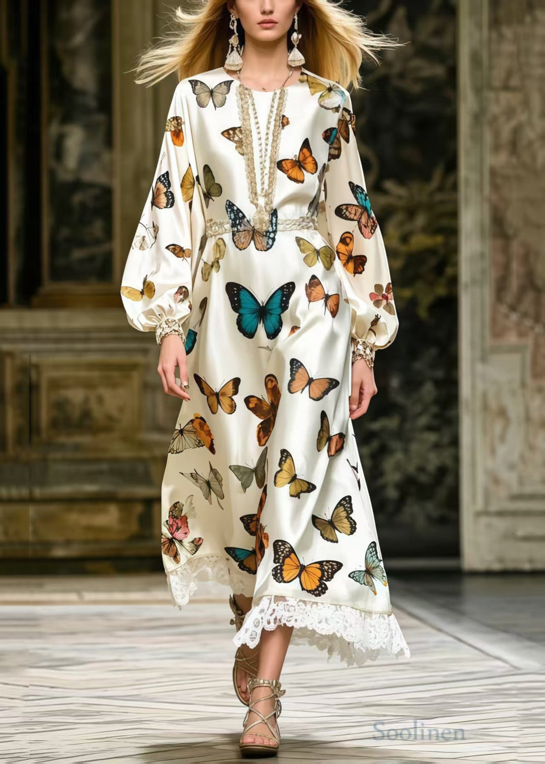 Fine Polychrome Butterfly Lace Patchwork Silk Party Dress Spring