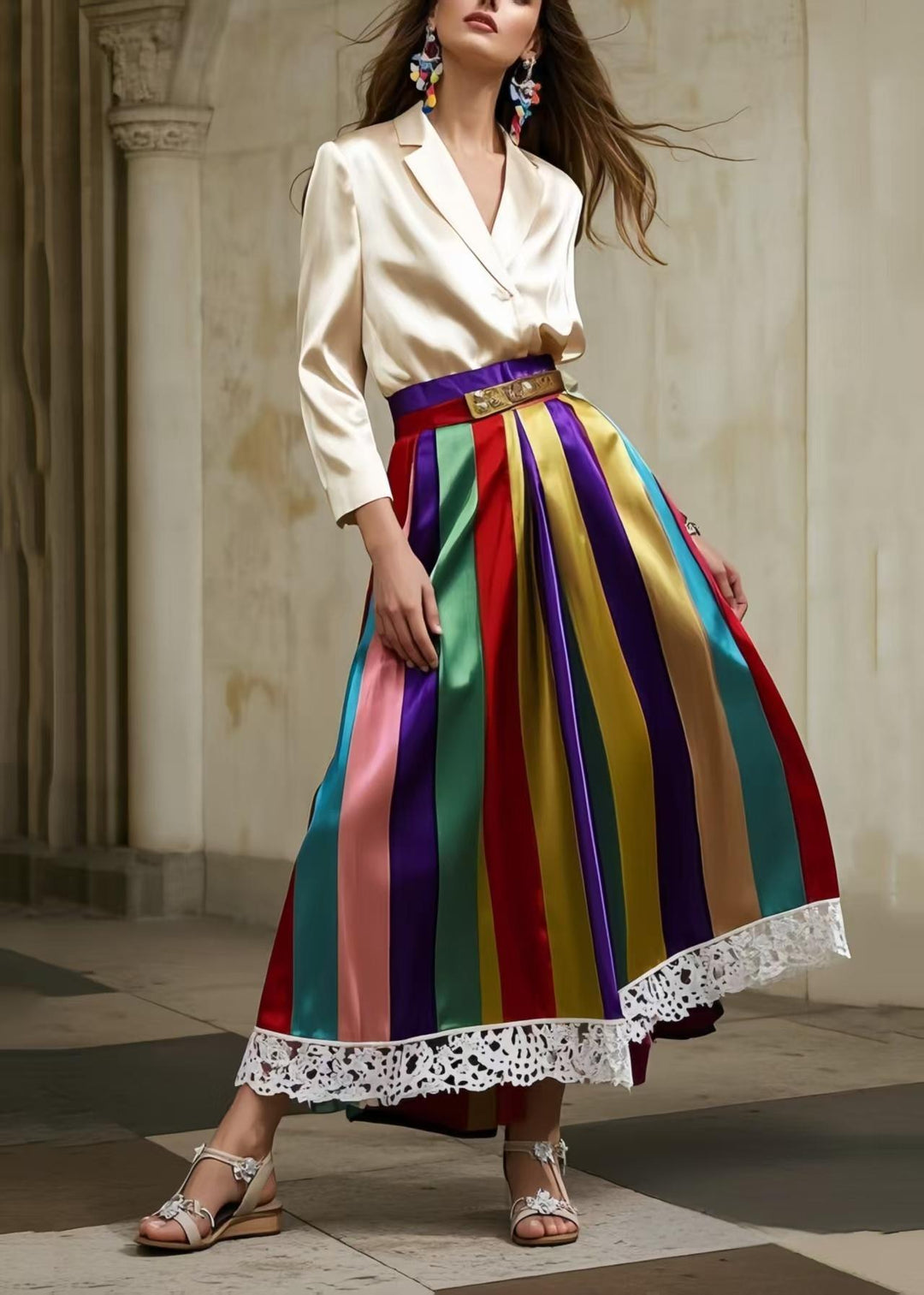 Fine Polychrome Striped Lace Patchwork Silk A Line Skirts Spring
