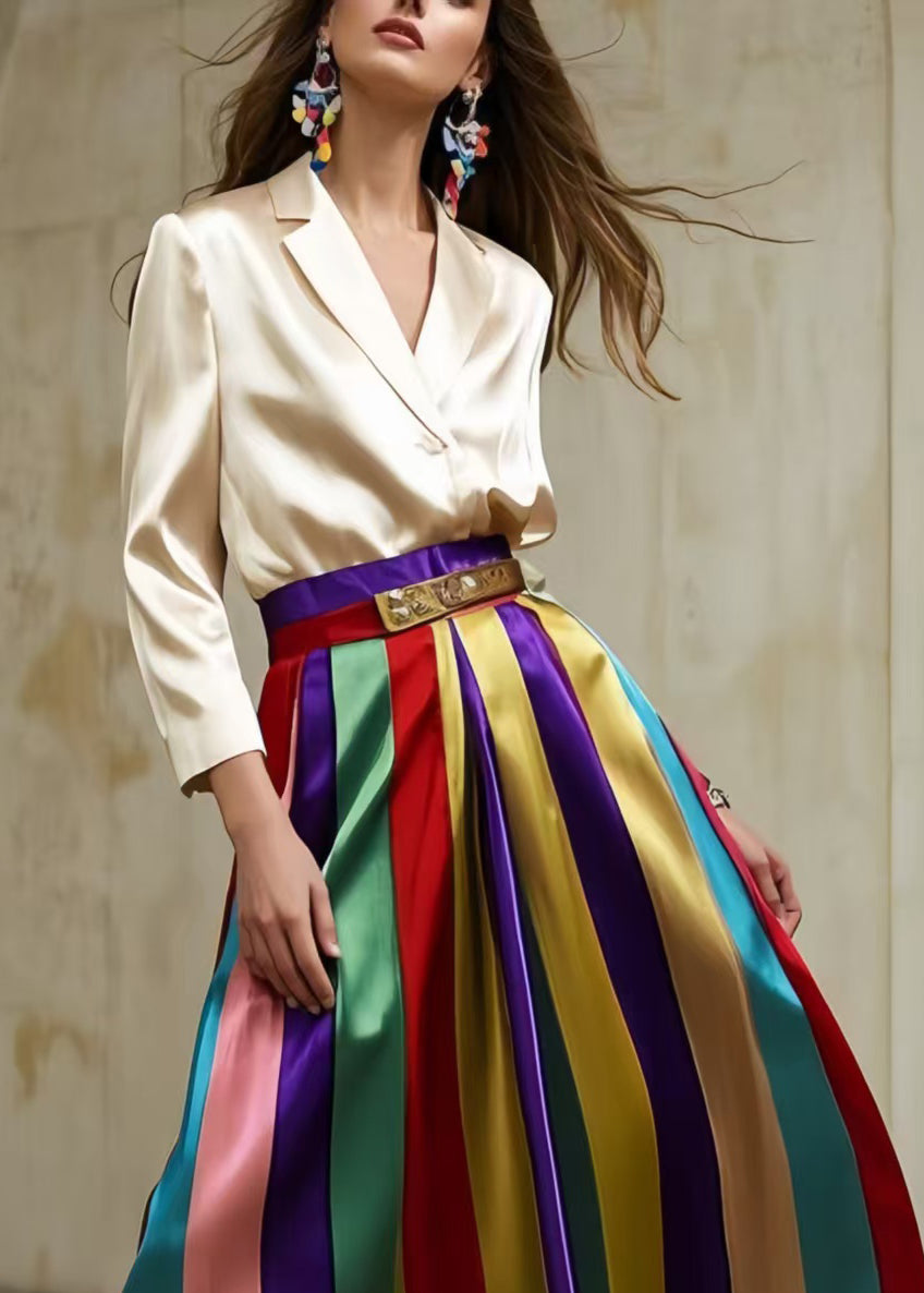 Fine Polychrome Striped Lace Patchwork Silk A Line Skirts Spring