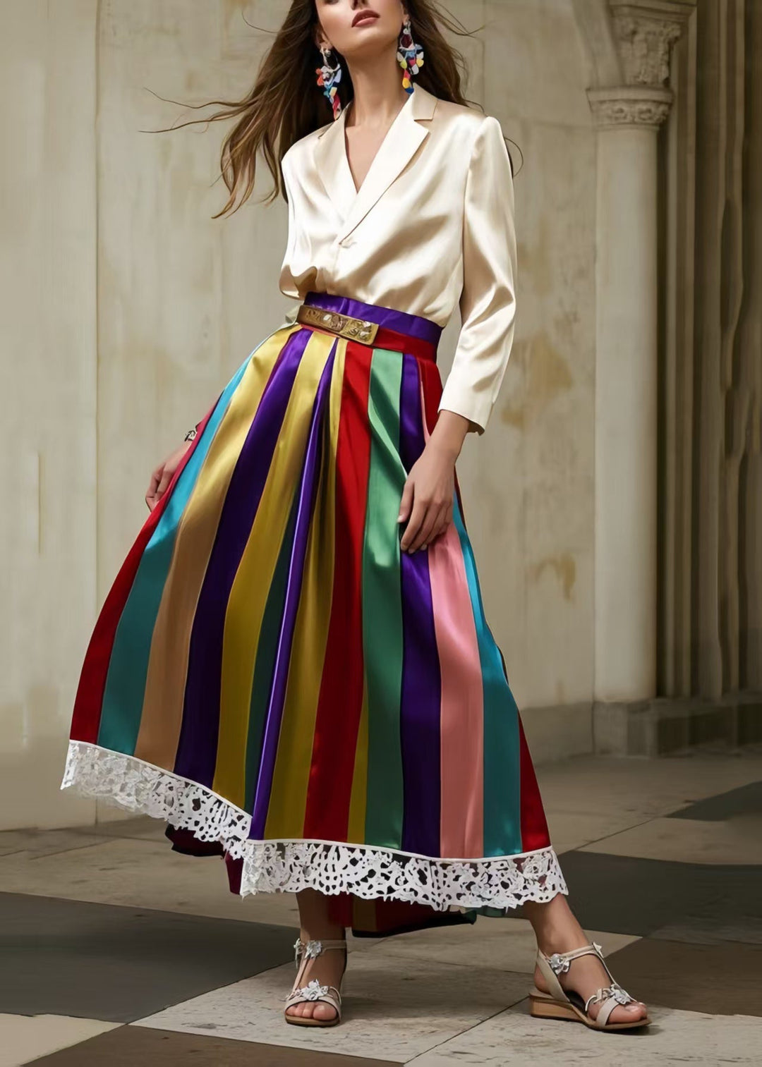 Fine Polychrome Striped Lace Patchwork Silk A Line Skirts Spring