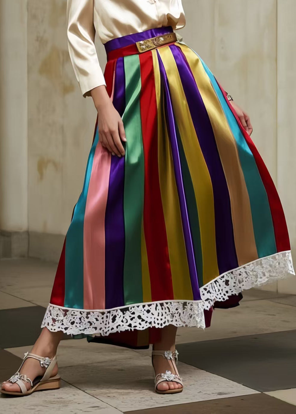 Fine Polychrome Striped Lace Patchwork Silk A Line Skirts Spring