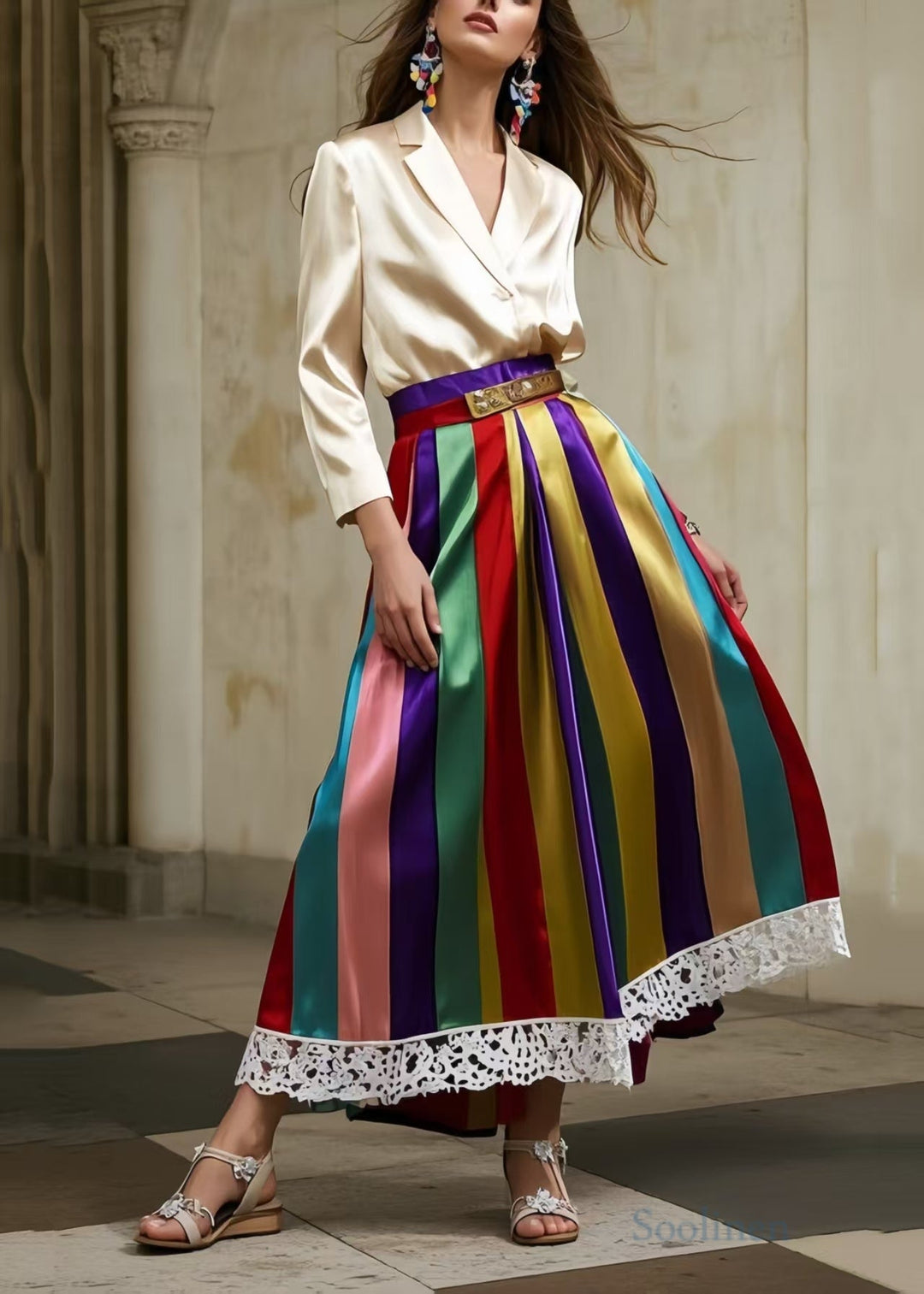 Fine Polychrome Striped Lace Patchwork Silk A Line Skirts Spring