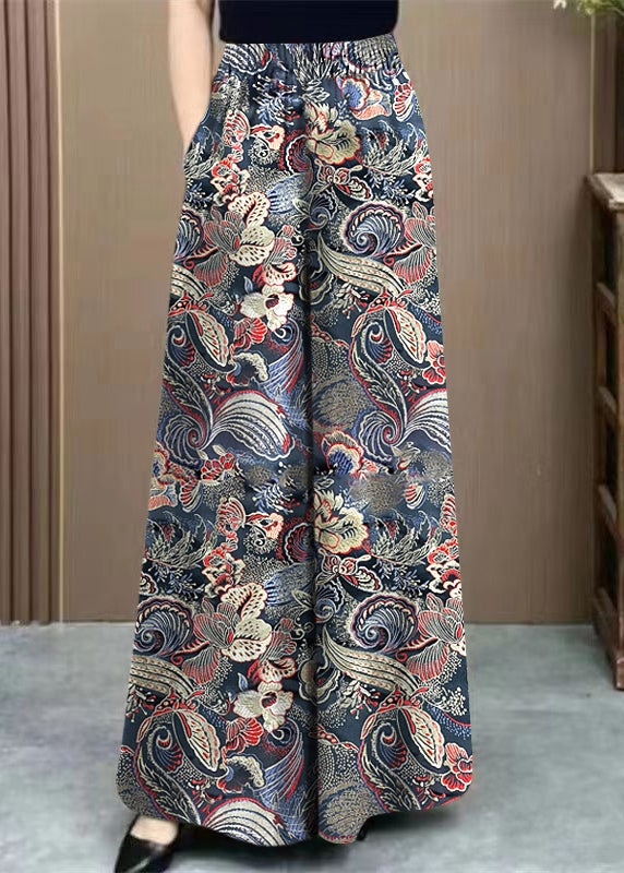 Fine Print Pockets Elastic Waist Cotton Wide Leg Pants Fall