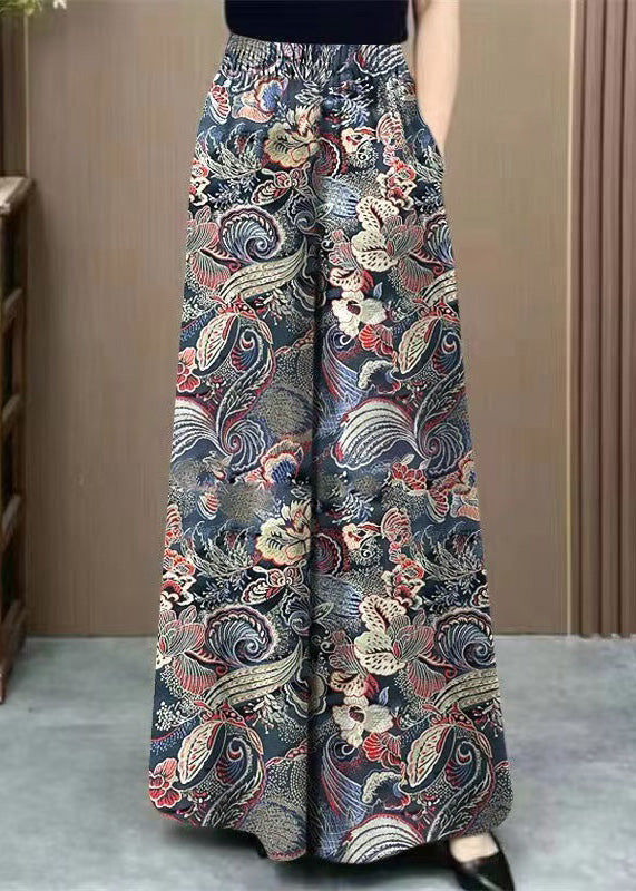 Fine Print Pockets Elastic Waist Cotton Wide Leg Pants Fall