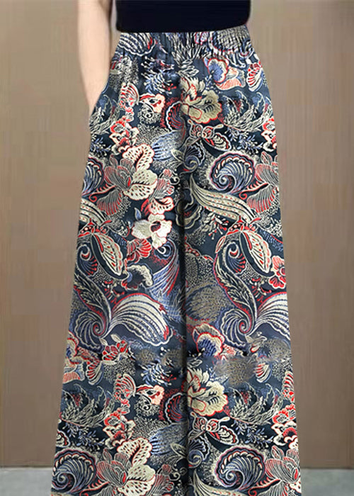 Fine Print Pockets Elastic Waist Cotton Wide Leg Pants Fall