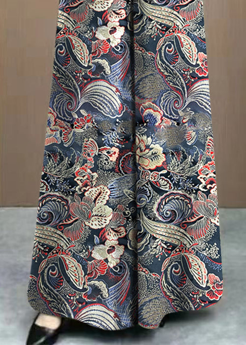 Fine Print Pockets Elastic Waist Cotton Wide Leg Pants Fall