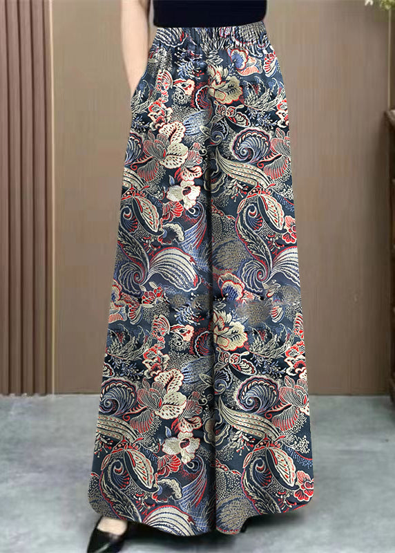 Fine Print Pockets Elastic Waist Cotton Wide Leg Pants Fall