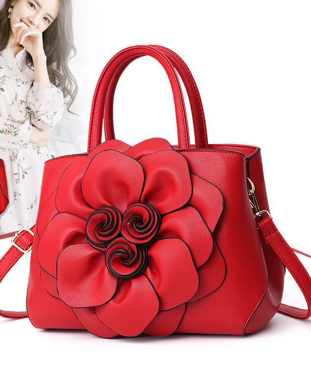 Fine Purple Flower Decorated Large Capacity Faux Leather Tote Handbag