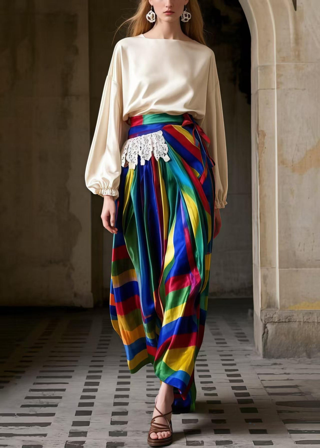 Fine Rainbow Asymmetrical Striped Silk Skirt Spring