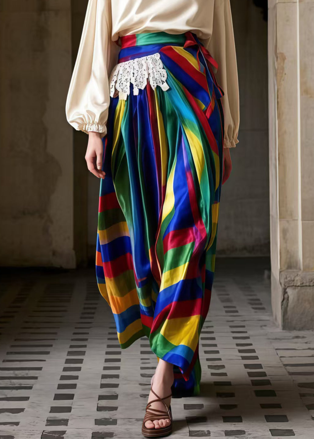 Fine Rainbow Asymmetrical Striped Silk Skirt Spring