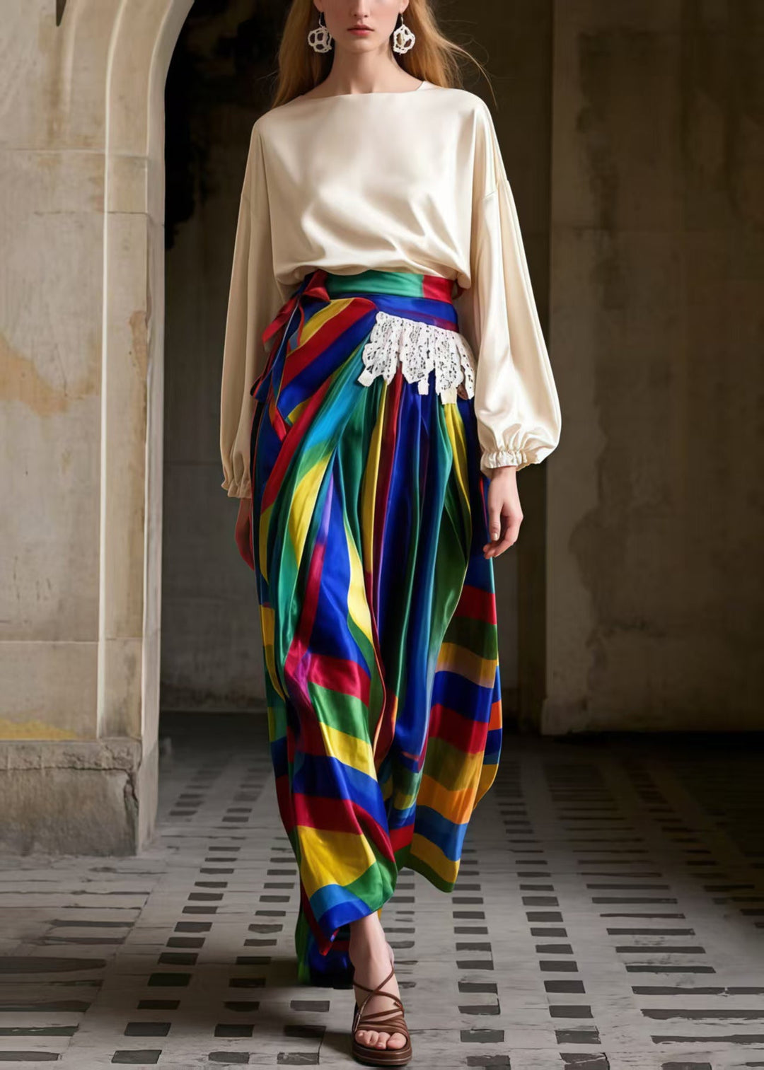 Fine Rainbow Asymmetrical Striped Silk Skirt Spring