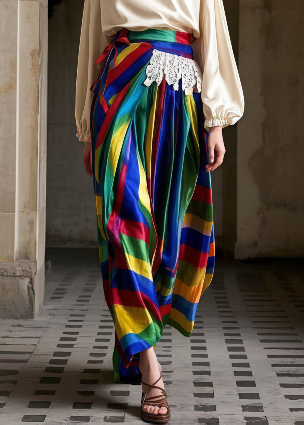 Fine Rainbow Asymmetrical Striped Silk Skirt Spring