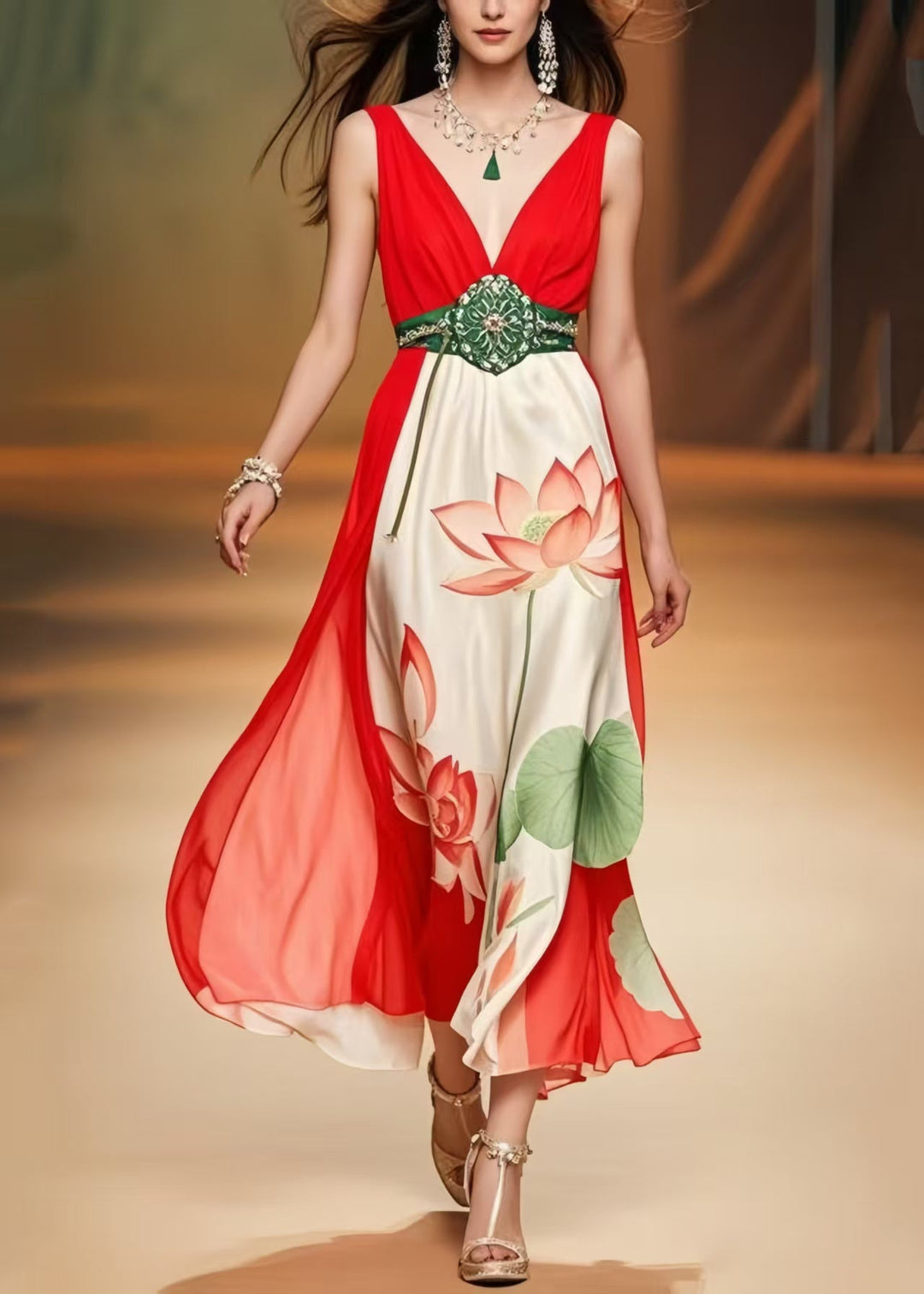 Fine Red Cinched Patchwork Silk Mini Dress Summer